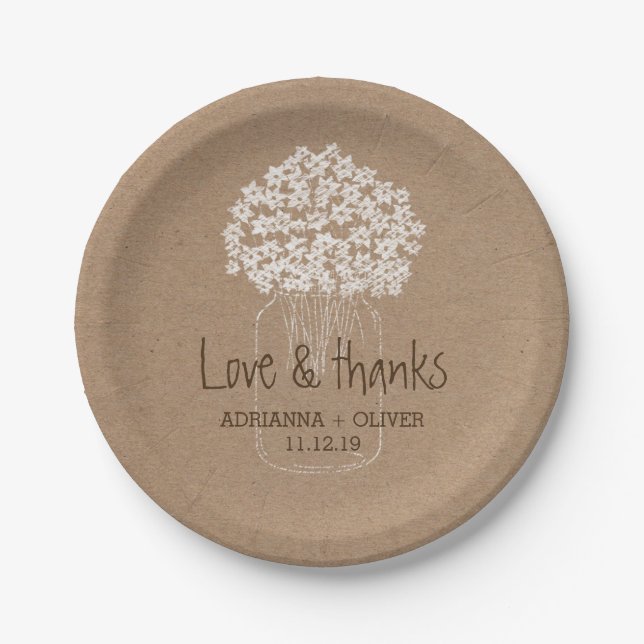 Rustikales Packpapier-Weckglas-Blumenhochzeit Pappteller (Vorderseite)