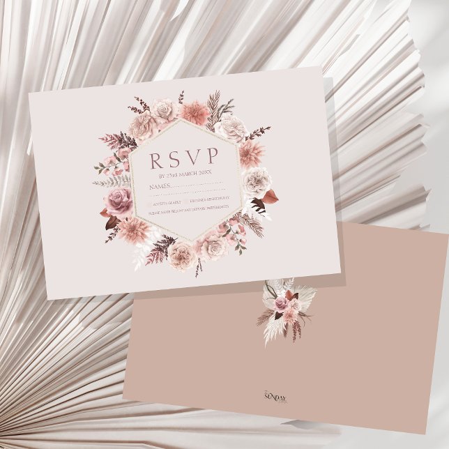 Rustikales Pampas Grass Wreath Wedding RSVP Karte (Boho Dusty Pink Dried Flowers Wreath Wedding RSVP Card)