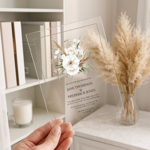 Rustikales Pampasgras Weißes Florales Boho-Hochzei Acryleinladungen