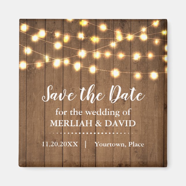 Rustikales Party Lights Imitate Holz Save the Date Magnet (Vorne)