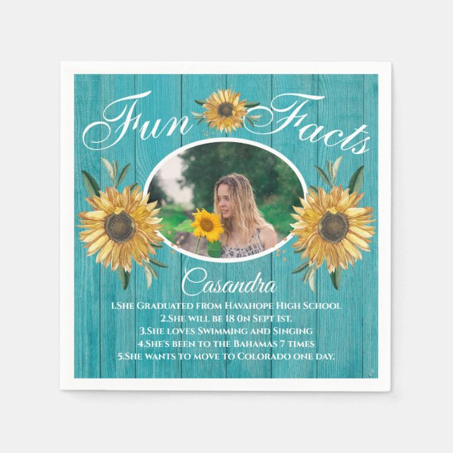 Rustikales Party Spaß Sonnenblumen Aquamarine Holz Serviette (Vorderseite)