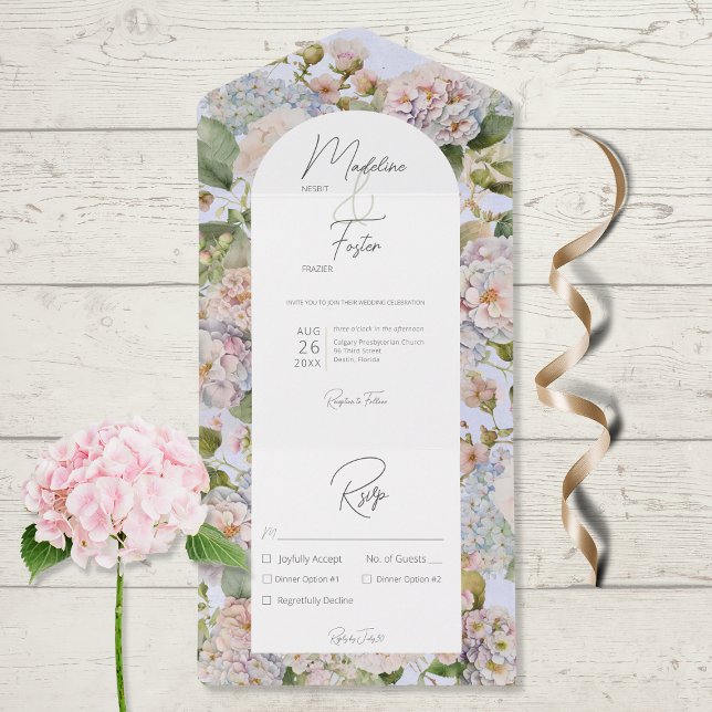 Rustikales Pastel Hydrangeas Periwinkle Arch Dinne All In One Einladung (Von Creator hochgeladen)
