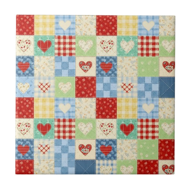 Rustikales Patchwork-Herzen-Picknick-Muster (1) Fliese (Vorderseite)