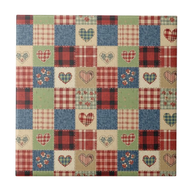 Rustikales Patchwork-Herzen-Picknick-Muster (5) Fliese (Vorderseite)