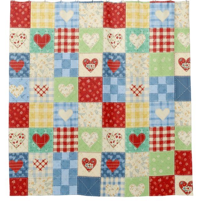 Rustikales Patchwork-Herzen-Picknick-Muster Duschvorhang (Vorderseite)
