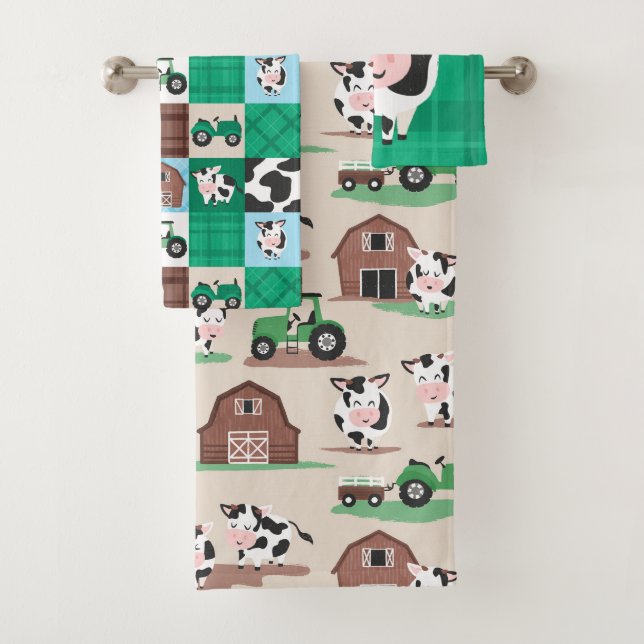Rustikales Patchwork Kuhfarm Tan und Grün Badhandtuch Set (Insitu)