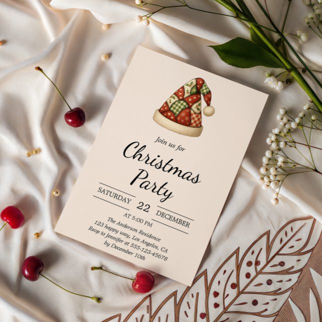 Rustikales Patchwork Weihnachtsmannmütze Weihnacht Einladung (Von Creator hochgeladen)