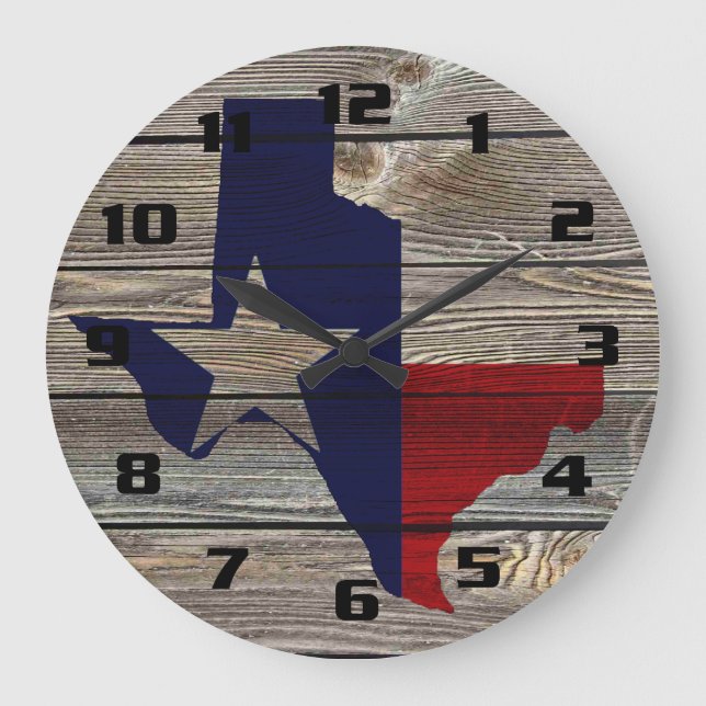 Rustikales Patriotic Texas Karte und Flagge Große Wanduhr (Vorderseite)