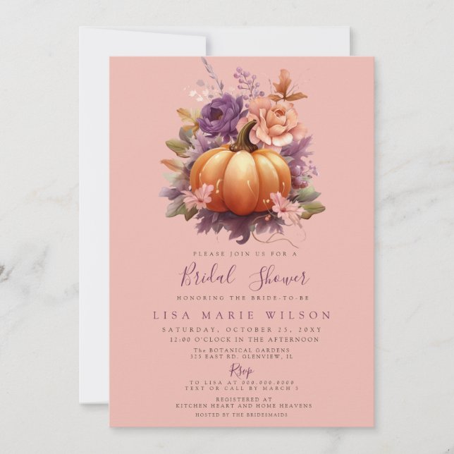Rustikales Peach Lila Pumpkins Fall Brautparty Einladung (Vorderseite)