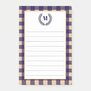 Rustikales Peach & Navy Kariert   Monogramm Post-it Klebezettel