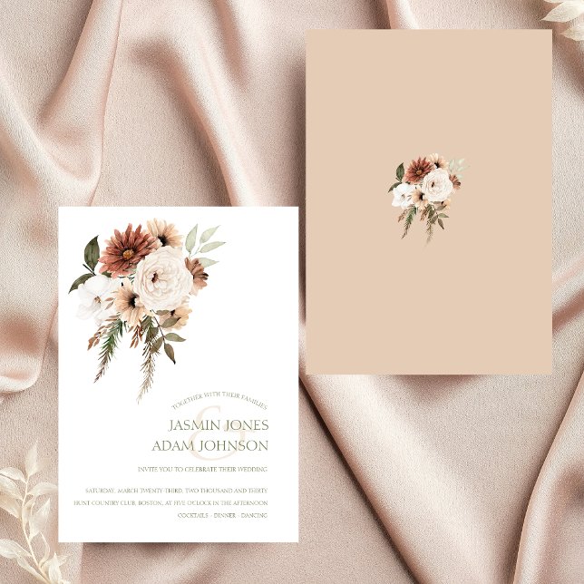 Rustikales Peach Terracotta Grüne Blumenzwiese Einladung (Elegant Peach Olive Green Floral Wedding Invitation)