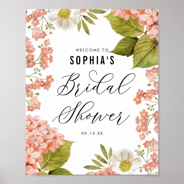 Rustikales Peach Wassercolor Hydrangeas Brautparty Poster (Vorne)