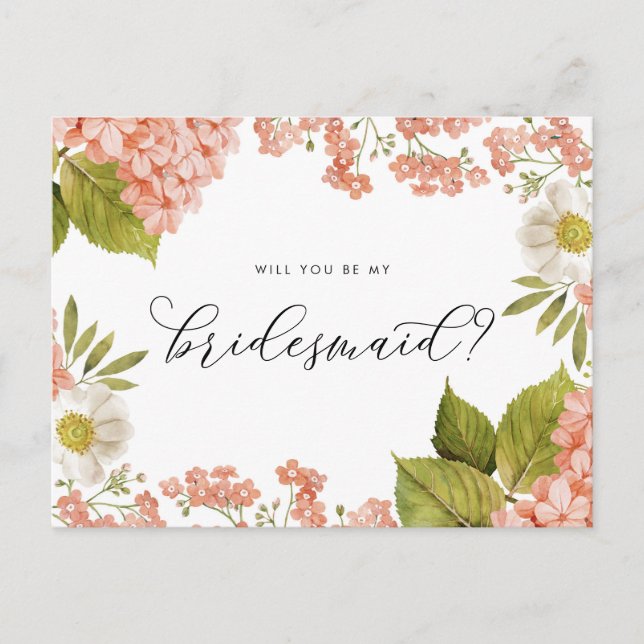 Rustikales Peach Watercolor Hydrangeas Bridesmaid Postkarte (Vorderseite)