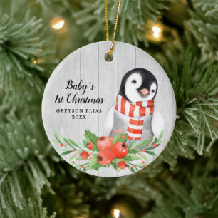 Rustikales Penguin Personalisiert Baby's 1. Weihna Keramik Ornament