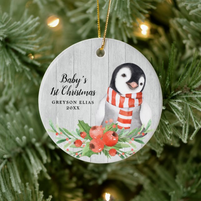 Rustikales Penguin Personalisiert Baby's 1. Weihna Keramik Ornament (Baum)