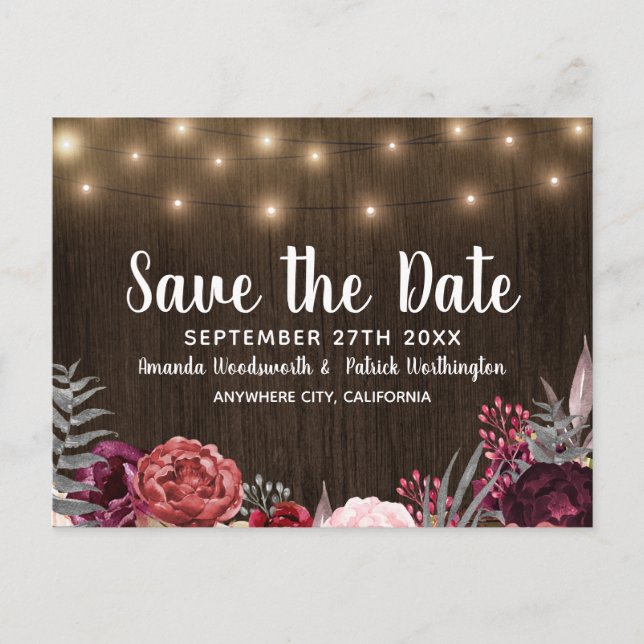 Rustikales Peony Marsala Land Save the Date Cards Ankündigungspostkarte (Vorderseite)