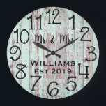 Rustikales, Personalisiertes, Aquamarines, gestört Große Wanduhr<br><div class="desc">Ein schönes, einzigartiges, einzigartiges personalisiertes Design, das einen schwarzen personalisierten Namen in einem Skript-Schriftart-Overlay-Design und den Nachnamen und das letzte Jahr in einem fett geschriebenen Skript mit einem aquamarinen blau bedrückten Holzhintergrund. Personalisieren Sie diese Uhr durch Hinzufügen Ihrer persönlichen Daten. Macht eine große Hochzeit, Jahrestag oder Hauswärme Geschenk. Klicken Sie...</div>