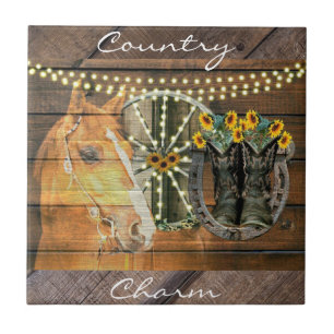 Rustikales Pferd Sonnenblumen Wagon Wheel Cowboy B Fliese