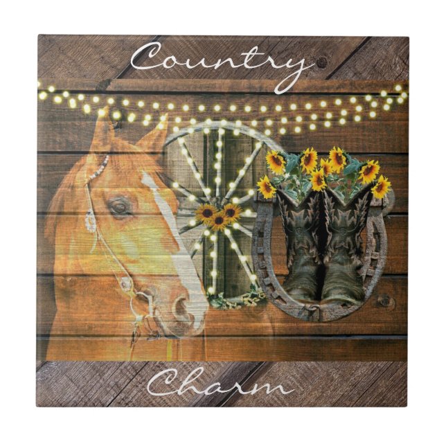 Rustikales Pferd Sonnenblumen Wagon Wheel Cowboy B Fliese (Vorderseite)