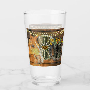 Rustikales Pferd Sonnenblumen Wagon Wheel Cowboy B Glas