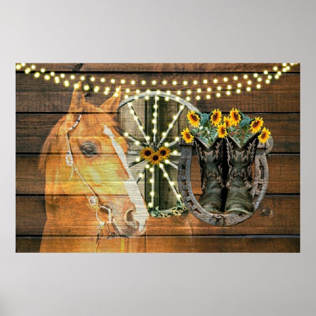 Rustikales Pferd Sonnenblumen Wagon Wheel Cowboy B Poster (Vorne)