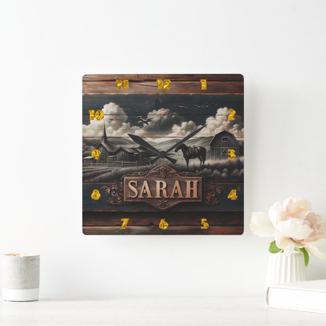 Rustikales Pferdeschild in der Nähe des Bauernhaus Quadratische Wanduhr (Zuhause)