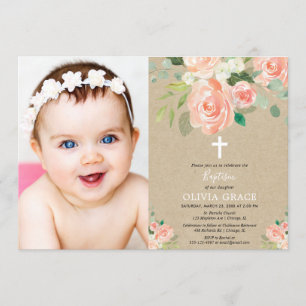 Rustikales pfirsichfarbenes Wasserfarben Taufbecke Einladung