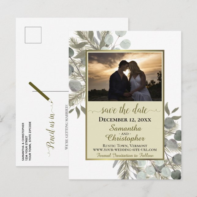 Rustikales Pine & Eucalyptus Gold Save the Date Fo Ankündigungspostkarte (Vorne/Hinten)