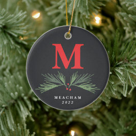 Rustikales Pine Monogram Foto Christmas Keramik Ornament