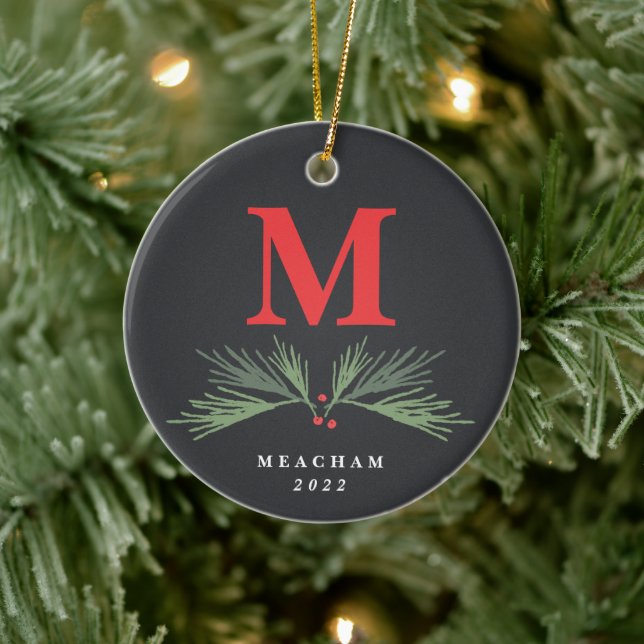 Rustikales Pine Monogram Foto Christmas Keramik Ornament (Baum)