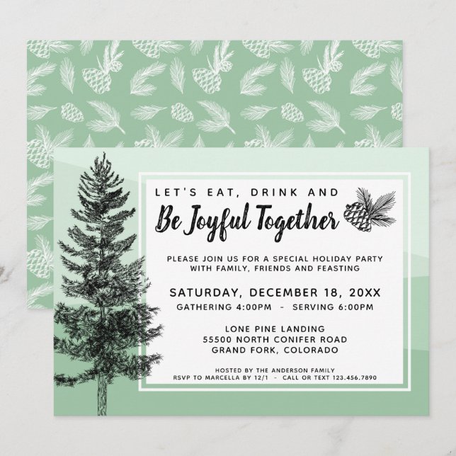Rustikales Pine Tree Mint Holiday Dinner / Party Einladung (Vorne/Hinten)
