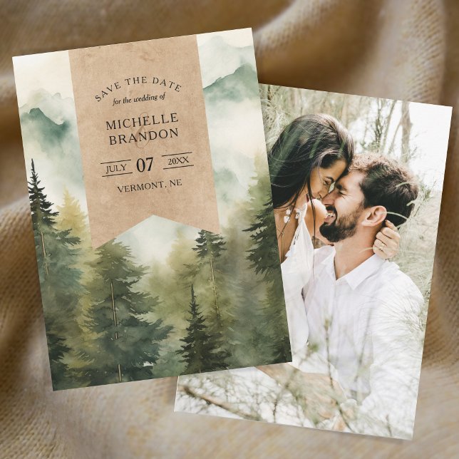 Rustikales Pine Tree Mountain - Nature Adventure F Save The Date (foggy mountains watercolor)