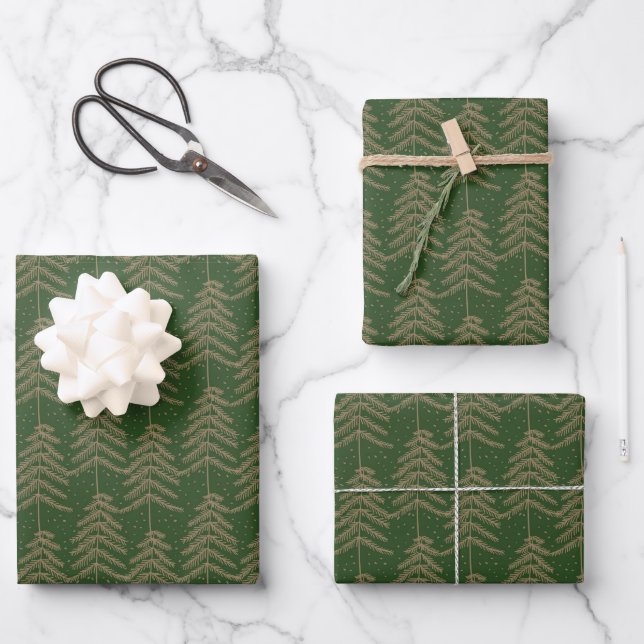 Rustikales Pine Tree Muster Green Gold Geschenkpapier Set (Vorderseite)