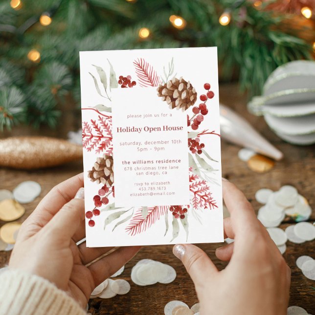 Rustikales Pinecone & Berry Holiday Open House Einladung (Von Creator hochgeladen)