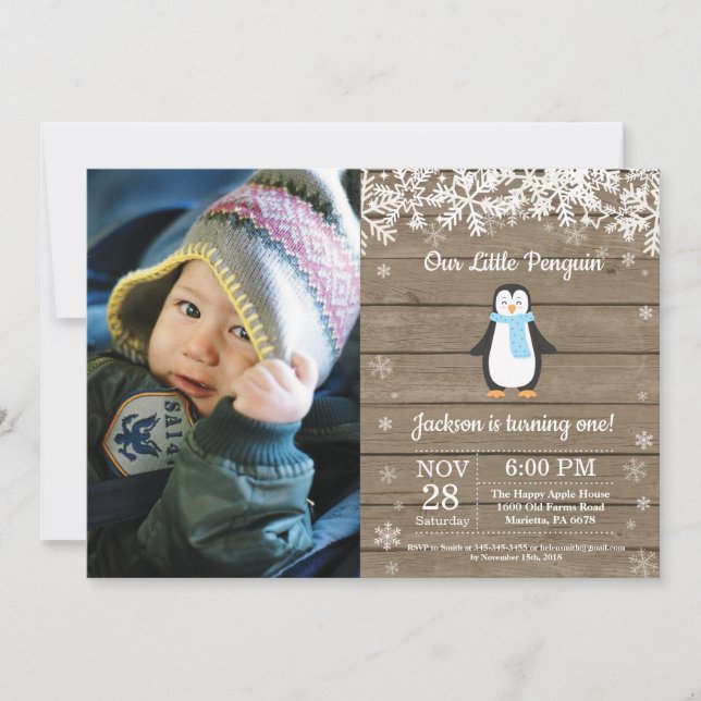 Rustikales Pinguin Winter Boy Geburtstags-Foto Einladung (Vorderseite)