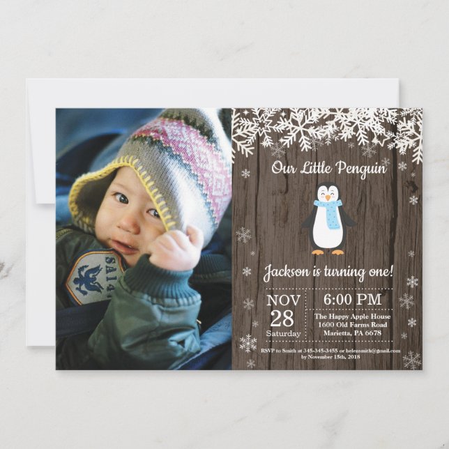 Rustikales Pinguin Winter Boy Geburtstags-Foto Einladung (Vorderseite)