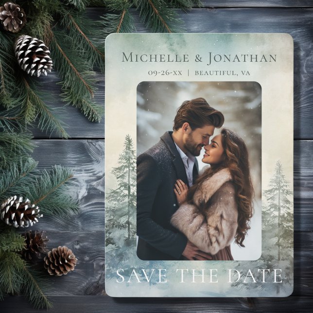 Rustikales Pinienwald Foto Hochzeit Save The Date (Front - Rustic Winter Pine Forest Woodland Photo Wedding Save The Date)