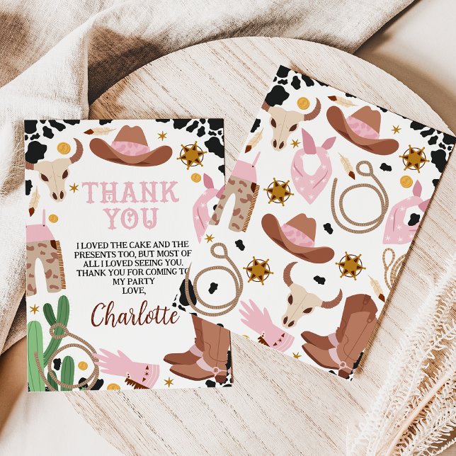 Rustikales Pink Brown Rodeo Geburtstag Danke Karte (Rustic Rodeo Birthday Thank You Card, Girl Wild West Western Thank You Card, Cowgirl Pink Brown)