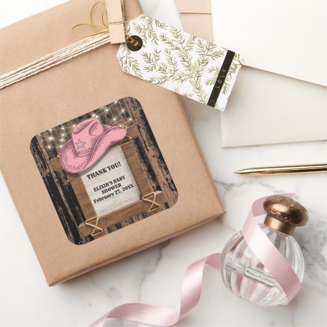 Rustikales Pink Cowgirl Hutelhut Baby Dusche Quadratischer Aufkleber (Schenken)