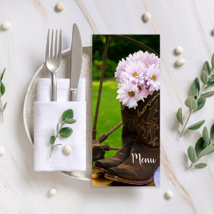 Rustikales Pink Daisies Cowboy Boots Western Weddi Menükarte