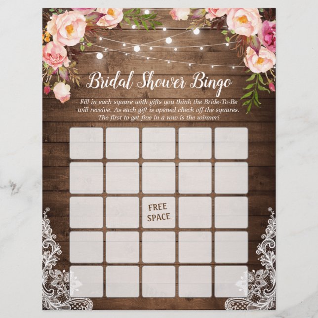 Rustikales Pink Floral Lace Brautparty Bingo Game Flyer (Vorne)