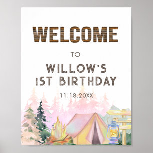 Rustikales Pink Girl Camping Geburtstag Willkommen Poster