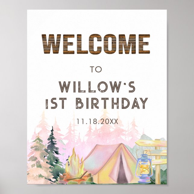 Rustikales Pink Girl Camping Geburtstag Willkommen Poster (Vorne)