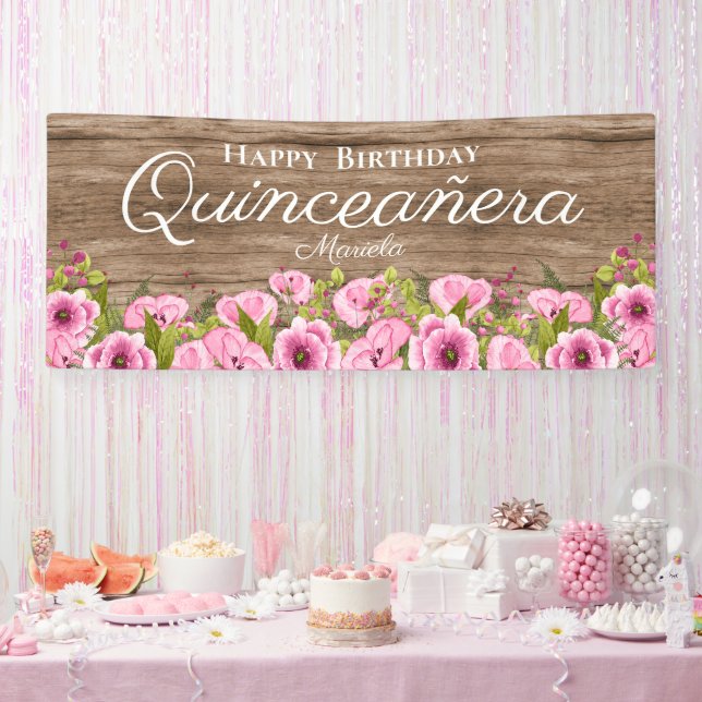 Rustikales Pink Poppies Quinceañera Banner (Party)