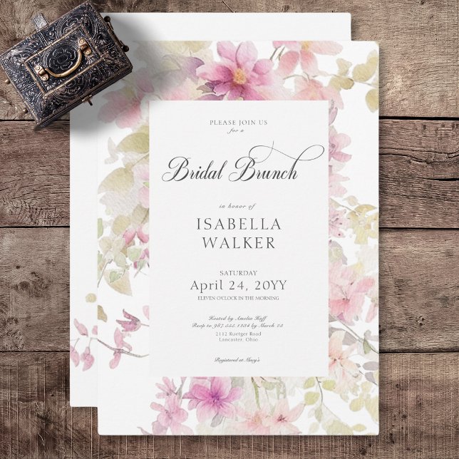 Rustikales Pink & Sage Aquarell Blumenbrunch Einladung (Rustic Pink & Sage Watercolor Floral Bridal Brunch Invitation)