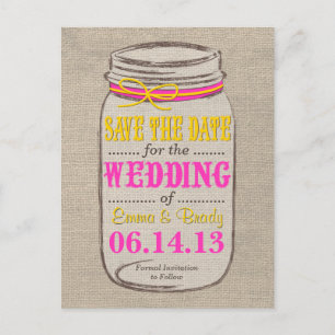 Rustikales Pink & Yellow Mason Jar Save the Date Ankündigungspostkarte