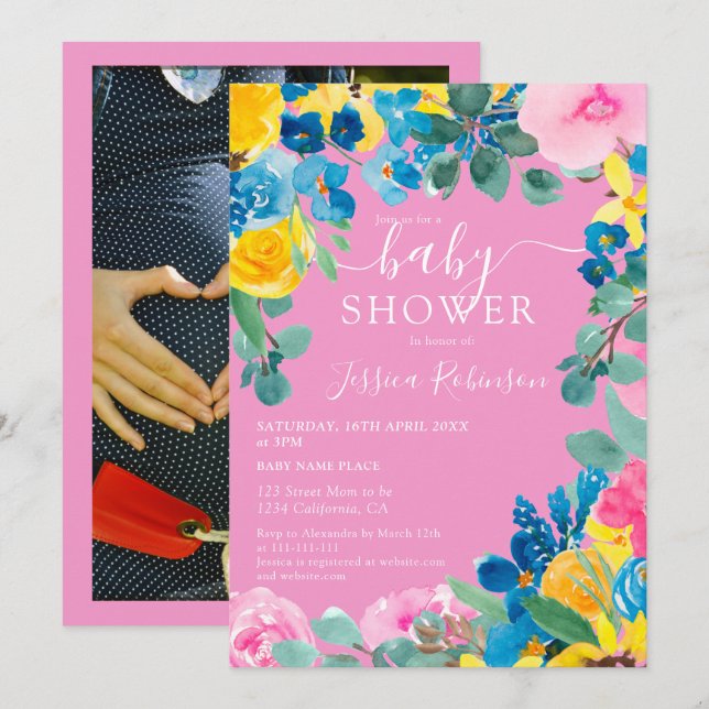 Rustikales pinkfarbenes Foto Babydusche Einladung (Vorne/Hinten)