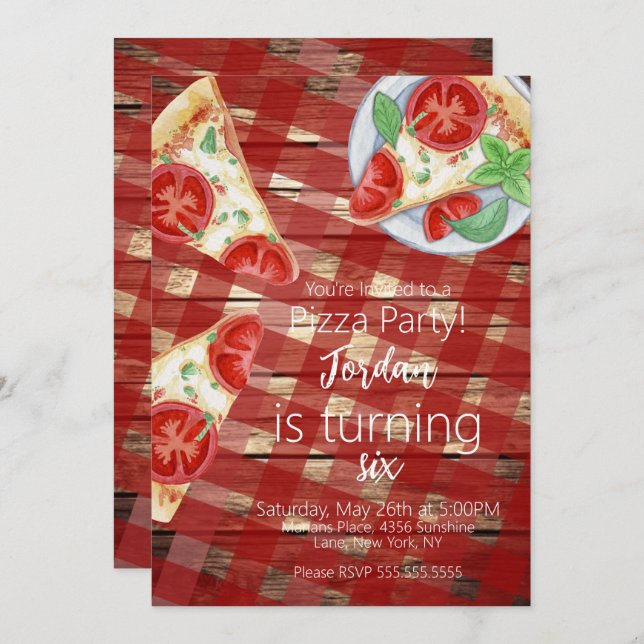 Rustikales Pizza Slices Birthday Party Script Einladung (Vorne/Hinten)