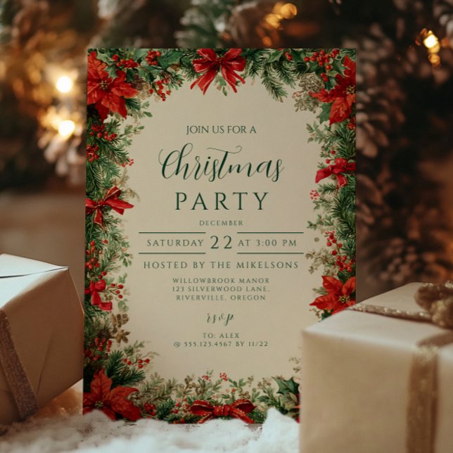 Rustikales Poinsettia Pine Christmas Party Einladung (Von Creator hochgeladen)