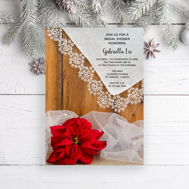 Rustikales Poinsettia und das Brautparty Lace Wint Einladung (Invite guests to your wintery December celebration with this rustic Bridal Shower Invitation. )